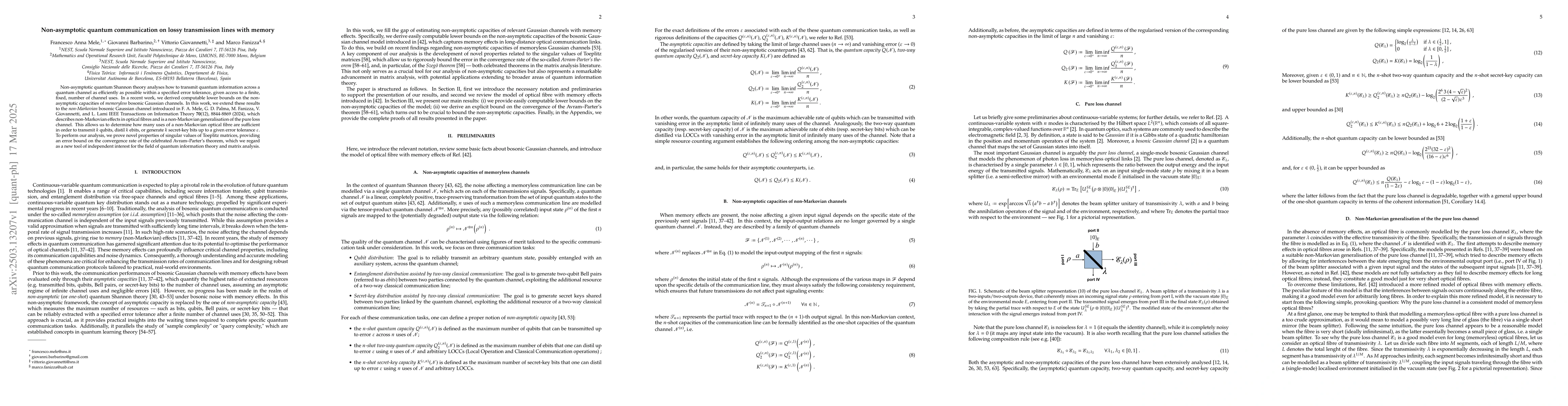 Thumbnail for Non-asymptotic quantum communication on lossy transmission lines with
  memory