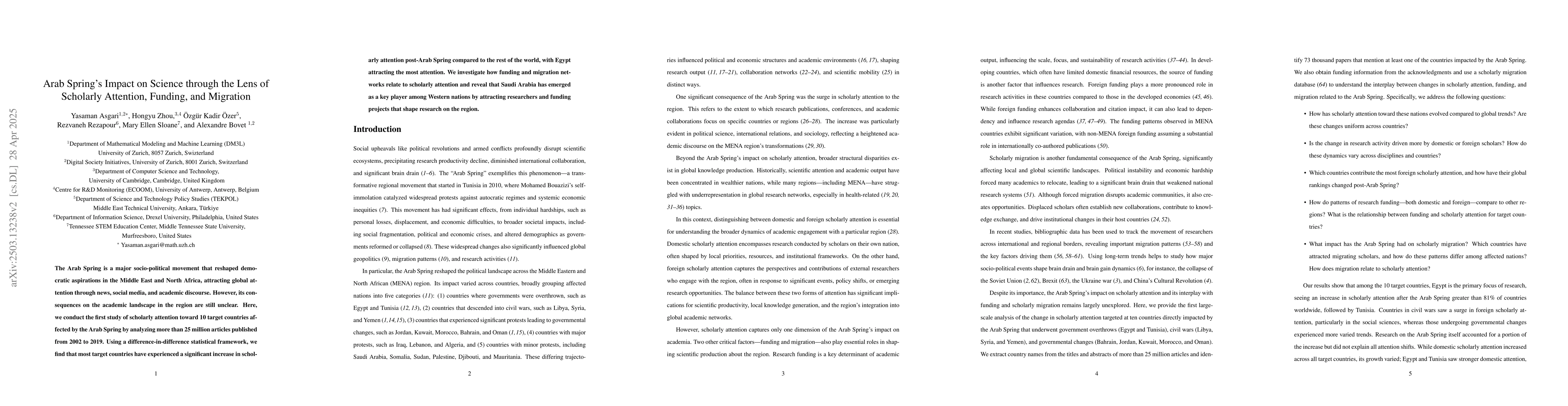 Thumbnail for Arab Spring's Impact on Science through the Lens of Scholarly Attention,
  Funding, and Migration