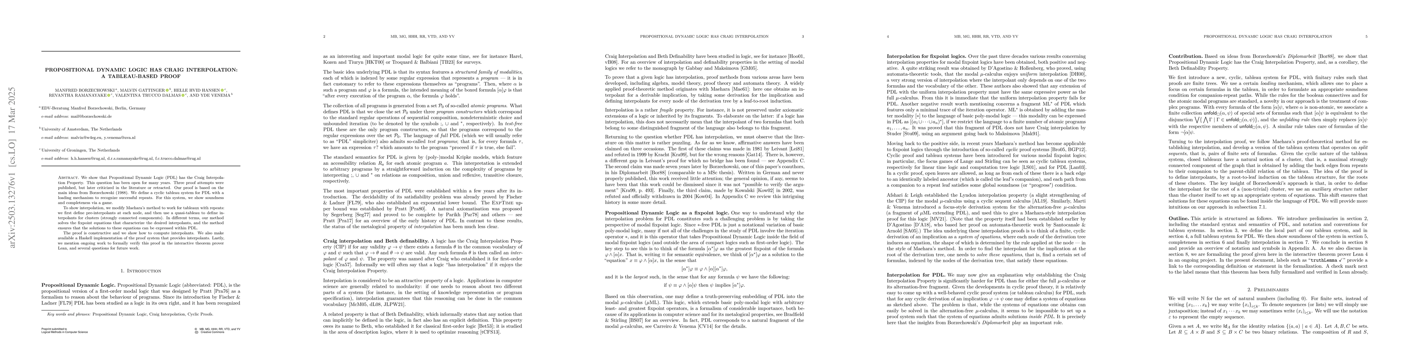 Thumbnail for Propositional Dynamic Logic has Craig Interpolation: a tableau-based
  proof