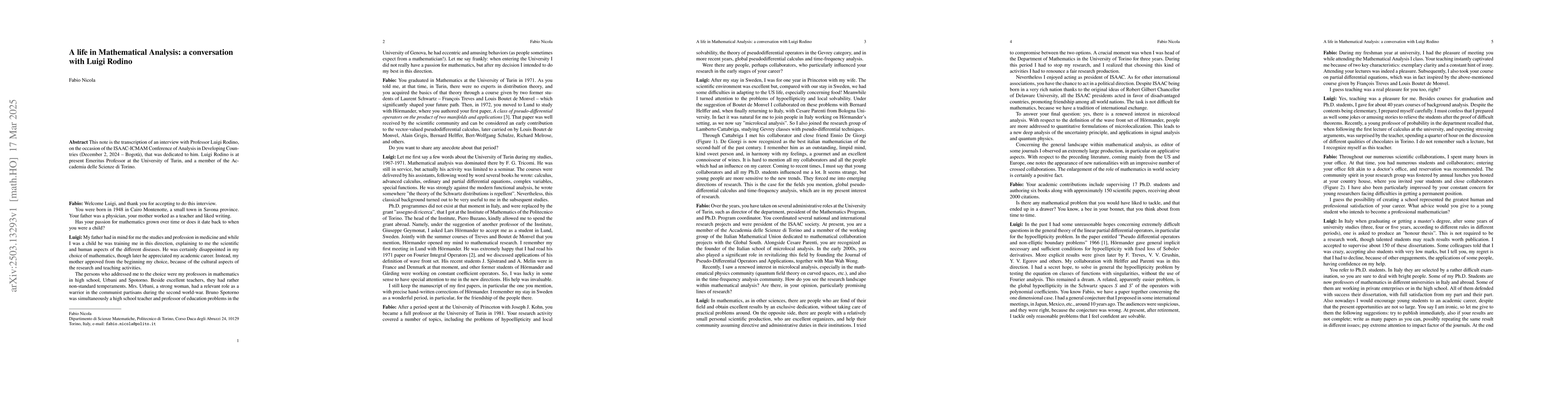 Thumbnail for A life in Mathematical Analysis: a conversation with Luigi Rodino