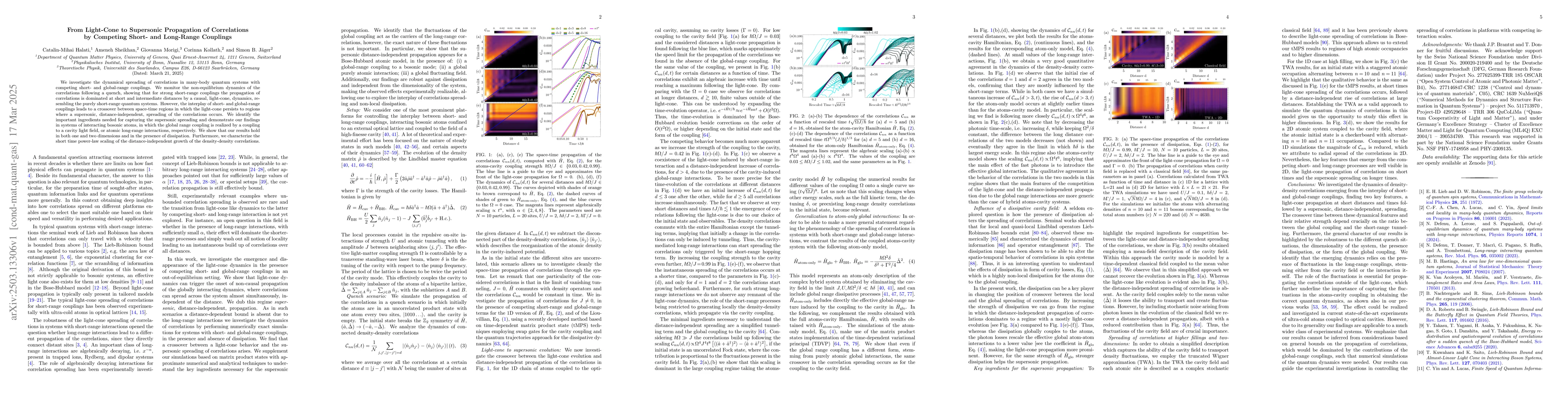 Thumbnail for From Light-Cone to Supersonic Propagation of Correlations by Competing
  Short- and Long-Range Couplings