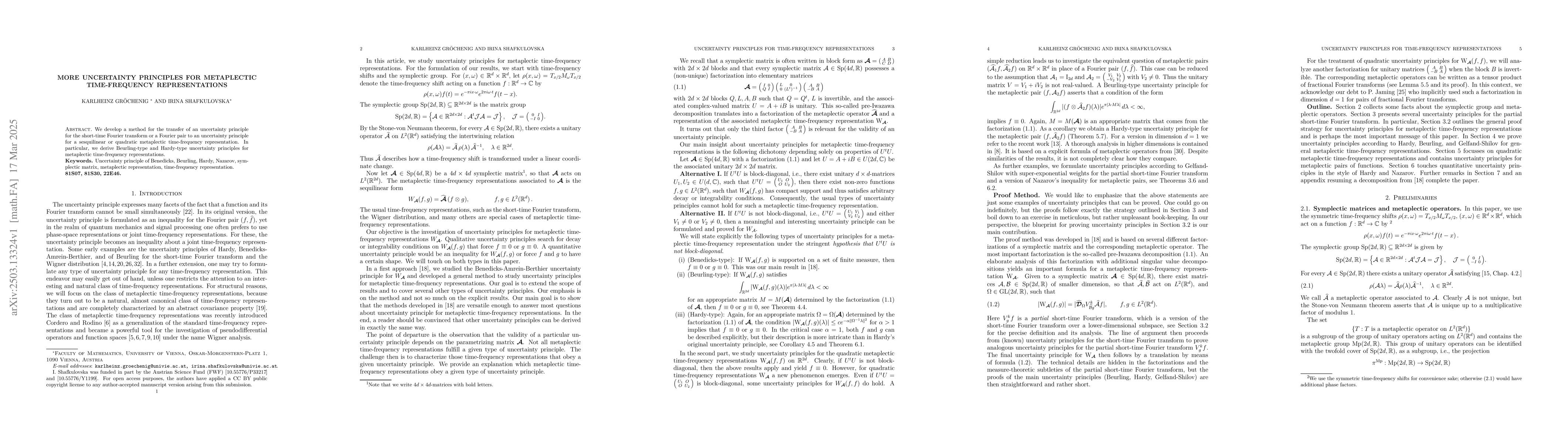 Thumbnail for More Uncertainty Principles for Metaplectic Time-Frequency
  Representations