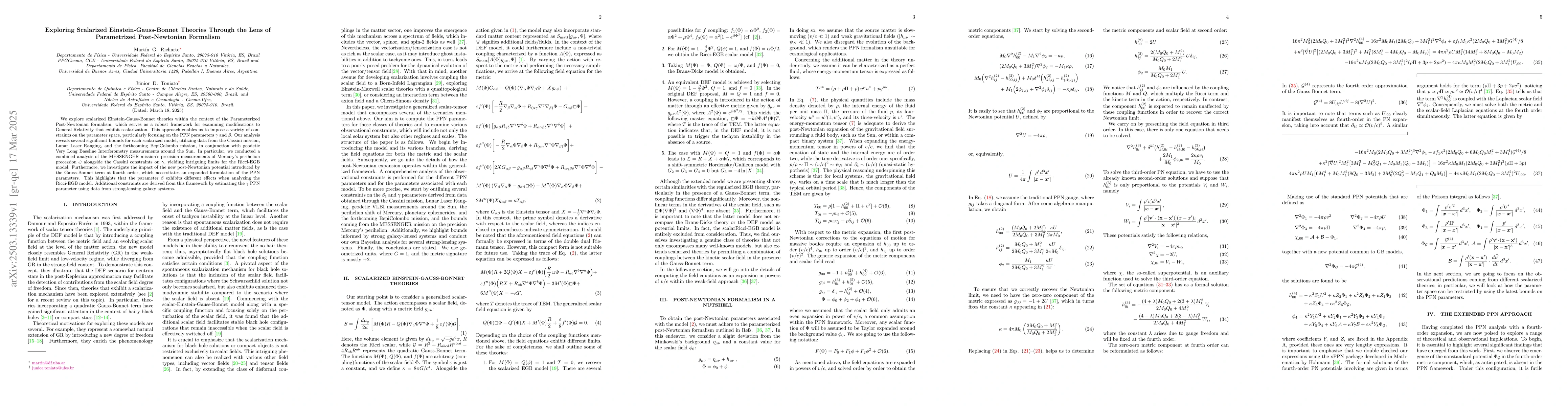 Thumbnail for Exploring Scalarized Einstein-Gauss-Bonnet Theories Through the Lens of
  Parametrized Post-Newtonian Formalism