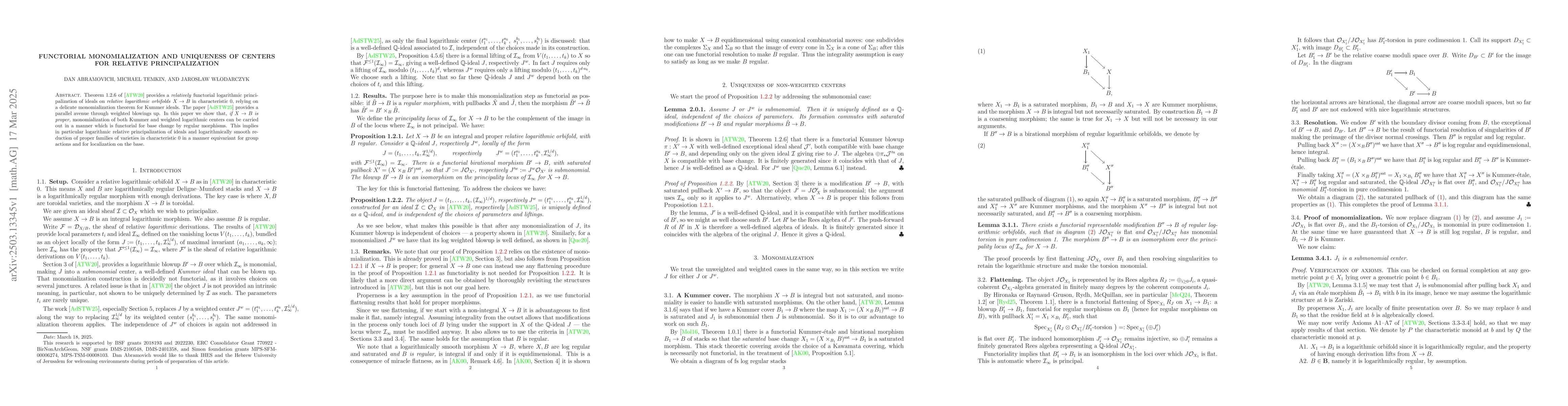 Thumbnail for Functorial monomialization and uniqueness of centers for relative
  principalization