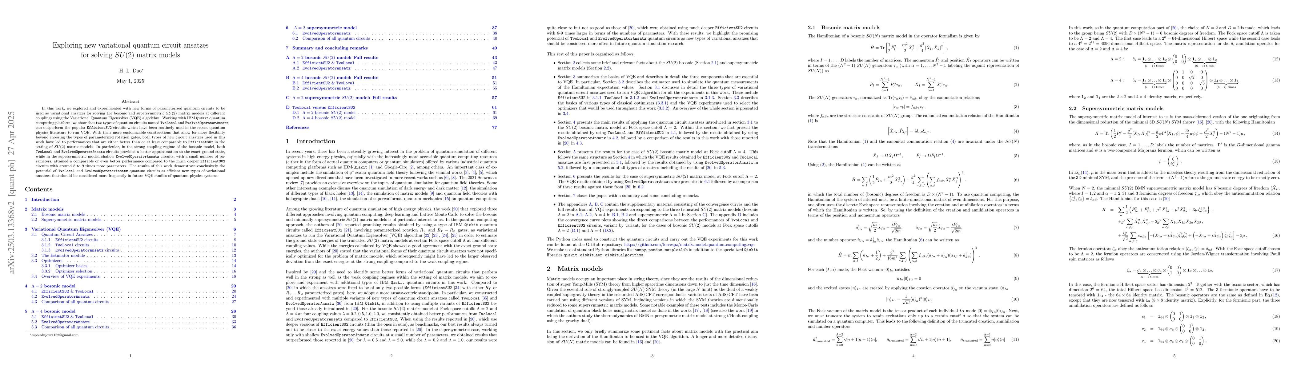 Thumbnail for Exploring new variational quantum circuit ansatzes for solving $SU(2)$
  matrix models