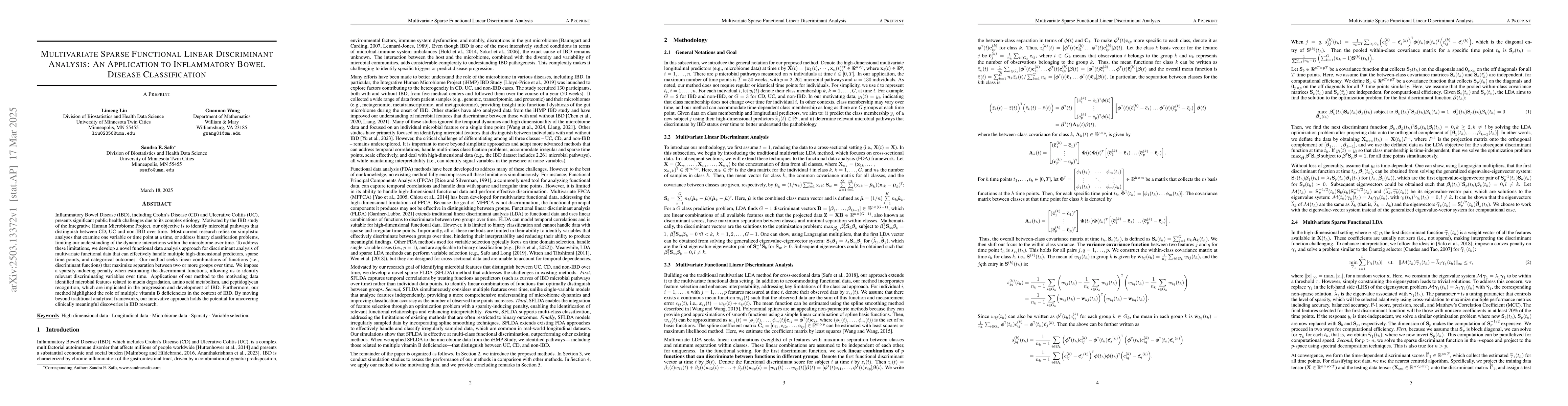 Thumbnail for Multivariate Sparse Functional Linear Discriminant Analysis: An
  Application to Inflammatory Bowel Disease Classification