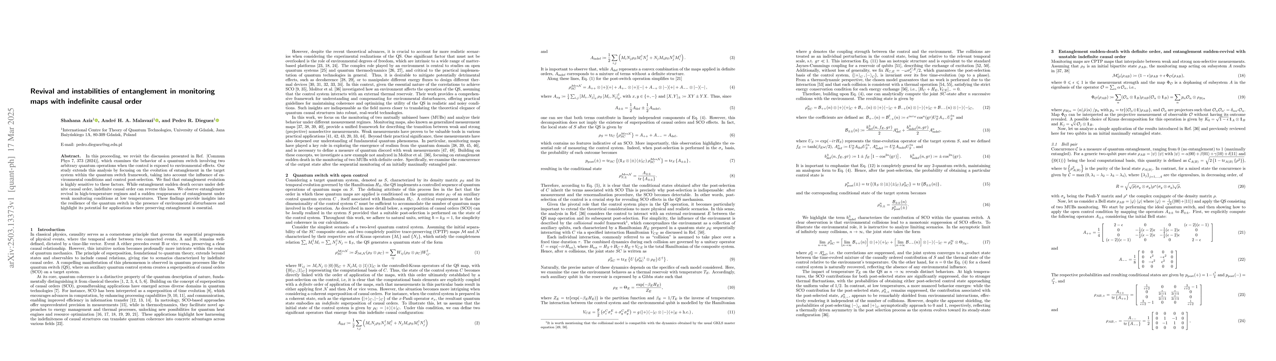 Thumbnail for Revival and instabilities of entanglement in monitoring maps with
  indefinite causal order