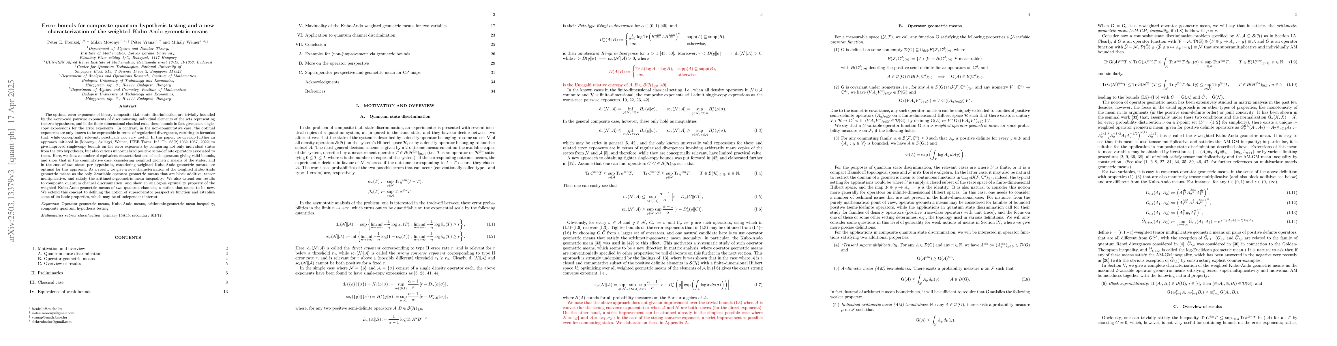 Thumbnail for Error bounds for composite quantum hypothesis testing and a new
  characterization of the weighted Kubo-Ando geometric means