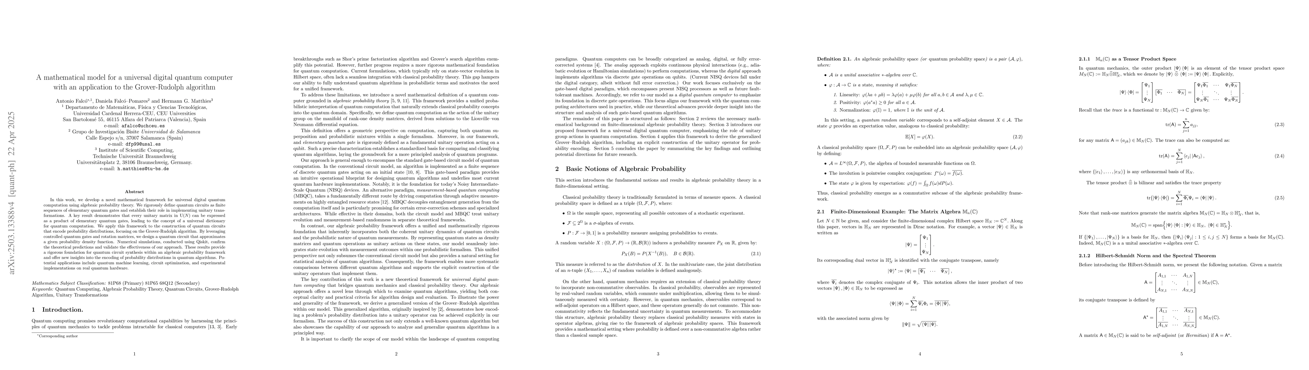 Thumbnail for A mathematical model for a universal digital quantum computer with an
  application to the Grover-Rudolph algorithm