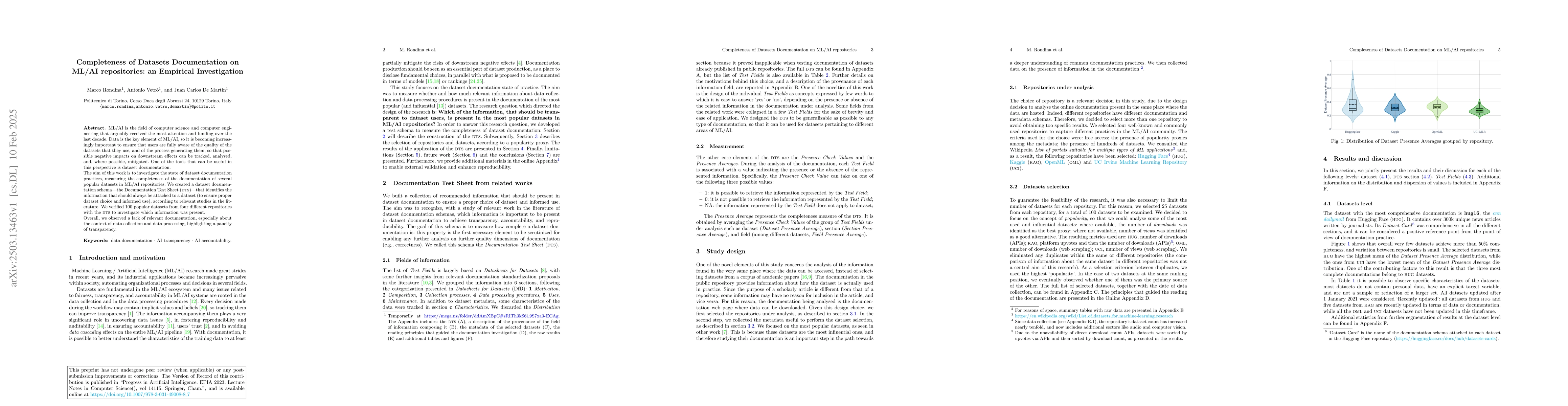 Thumbnail for Completeness of Datasets Documentation on ML/AI repositories: an
  Empirical Investigation