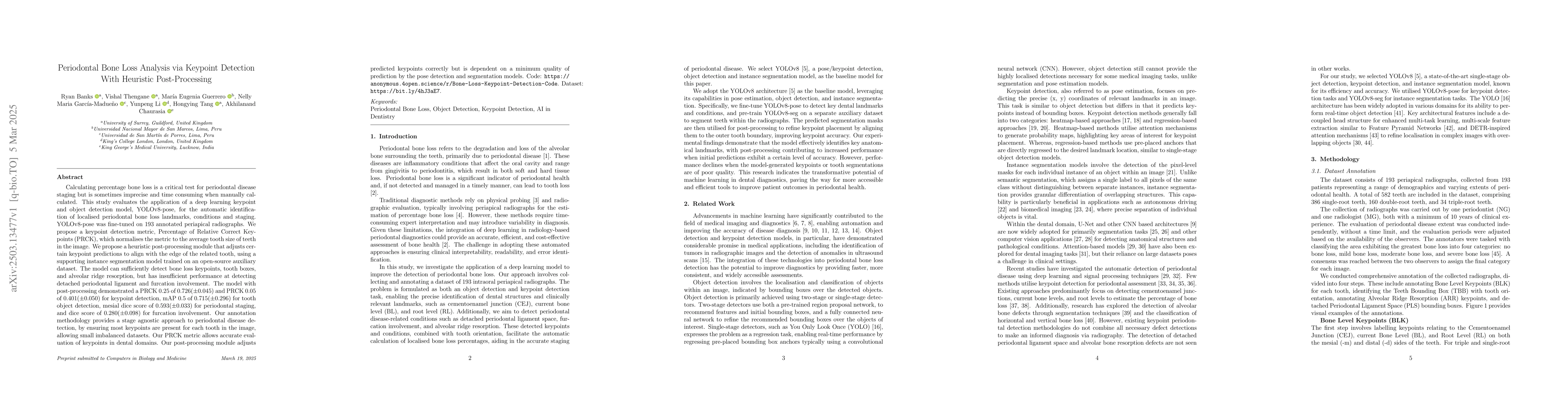 Thumbnail for Periodontal Bone Loss Analysis via Keypoint Detection With Heuristic
  Post-Processing