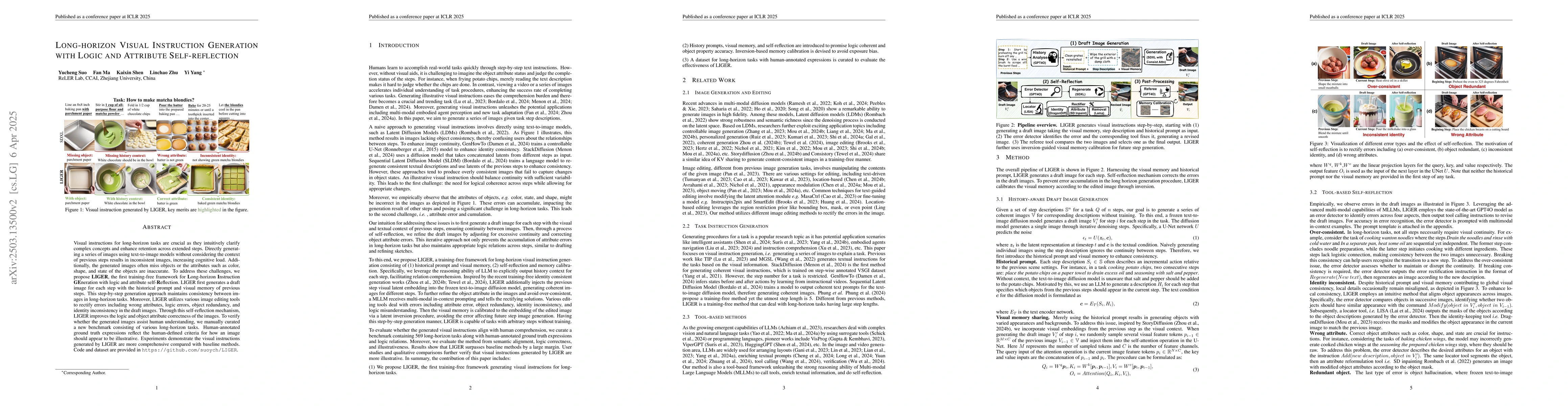 Thumbnail for Long-horizon Visual Instruction Generation with Logic and Attribute
  Self-reflection