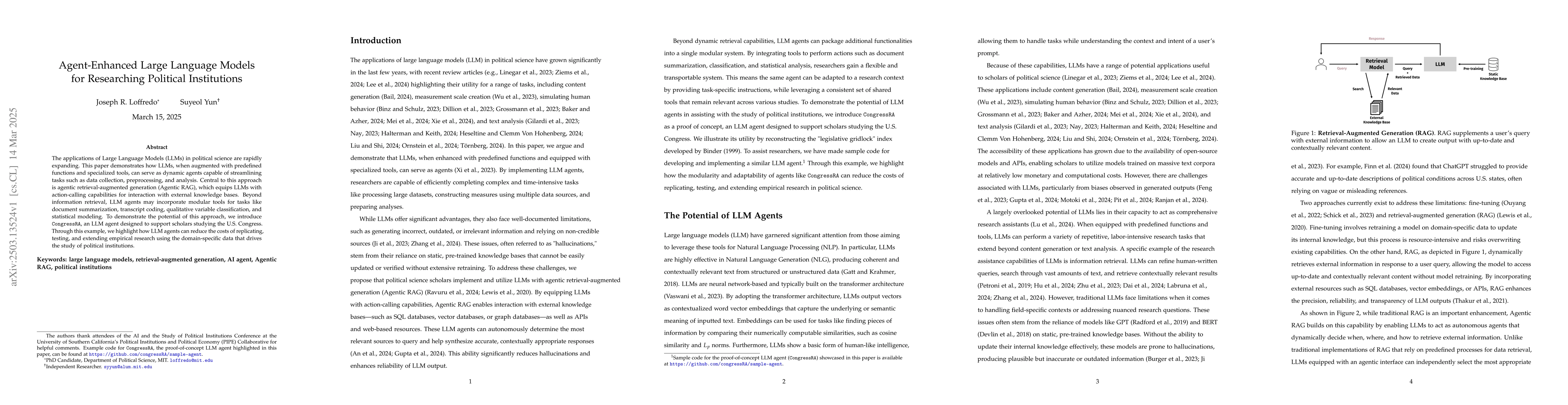 Thumbnail for Agent-Enhanced Large Language Models for Researching Political
  Institutions