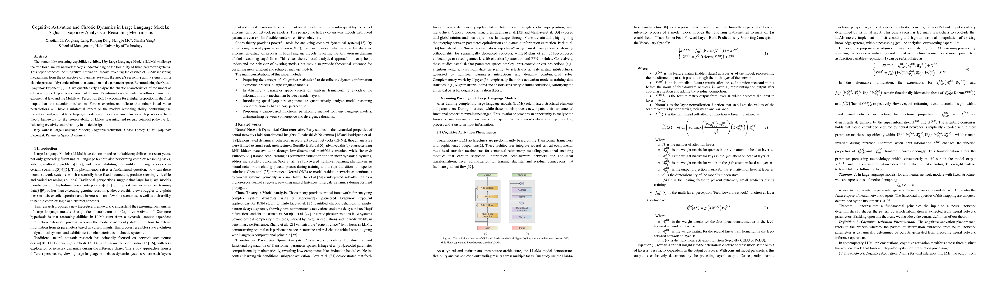 Thumbnail for Cognitive Activation and Chaotic Dynamics in Large Language Models: A
  Quasi-Lyapunov Analysis of Reasoning Mechanisms
