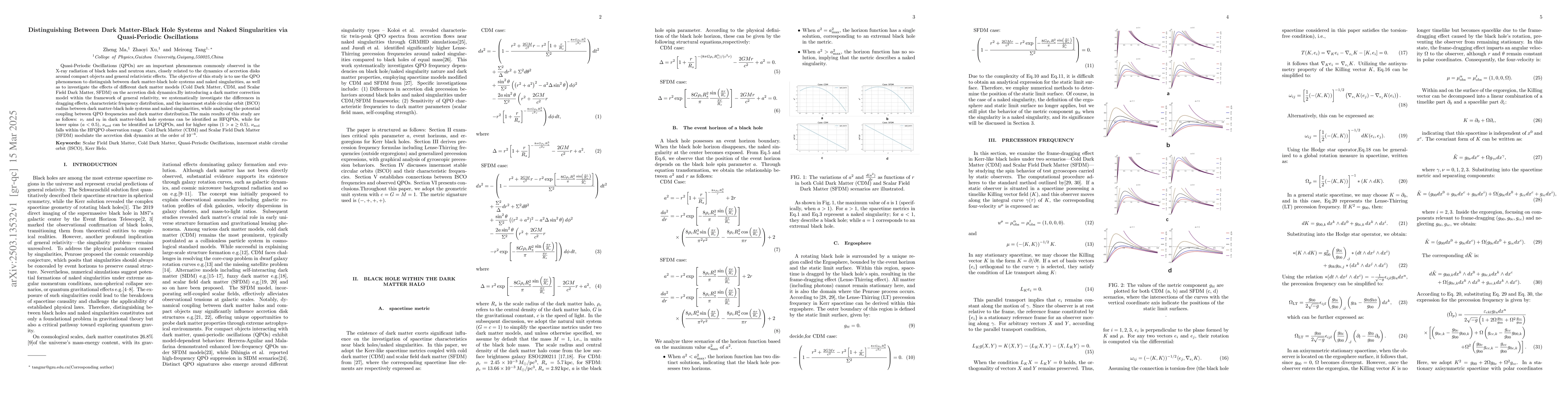 Thumbnail for Distinguishing Between Dark Matter-Black Hole Systems and Naked
  Singularities via Quasi-Periodic Oscillations