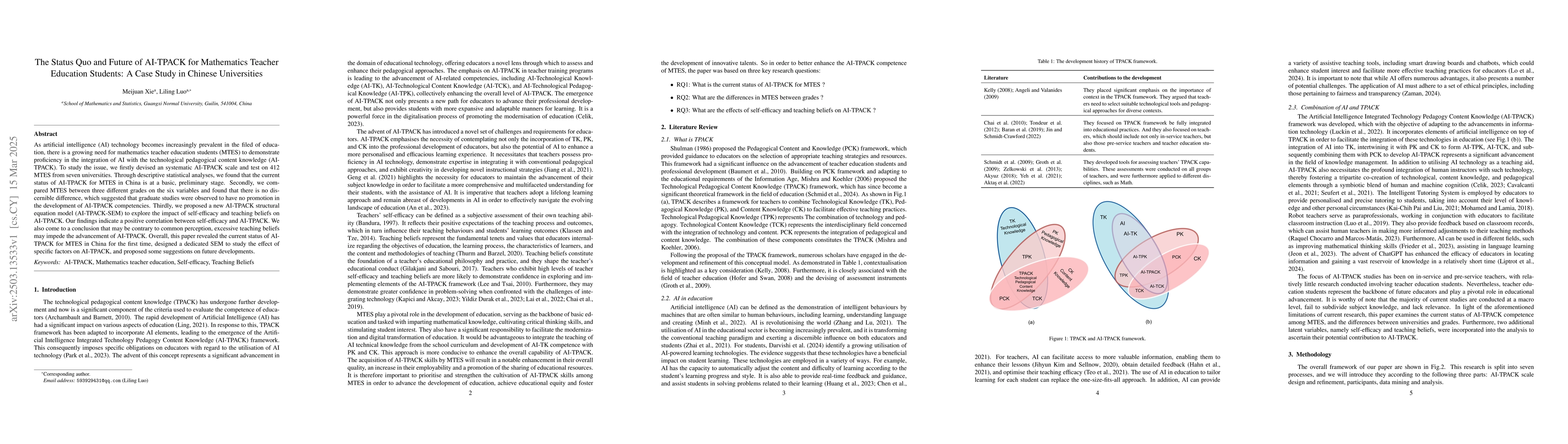 Thumbnail for The Status Quo and Future of AI-TPACK for Mathematics Teacher Education
  Students: A Case Study in Chinese Universities