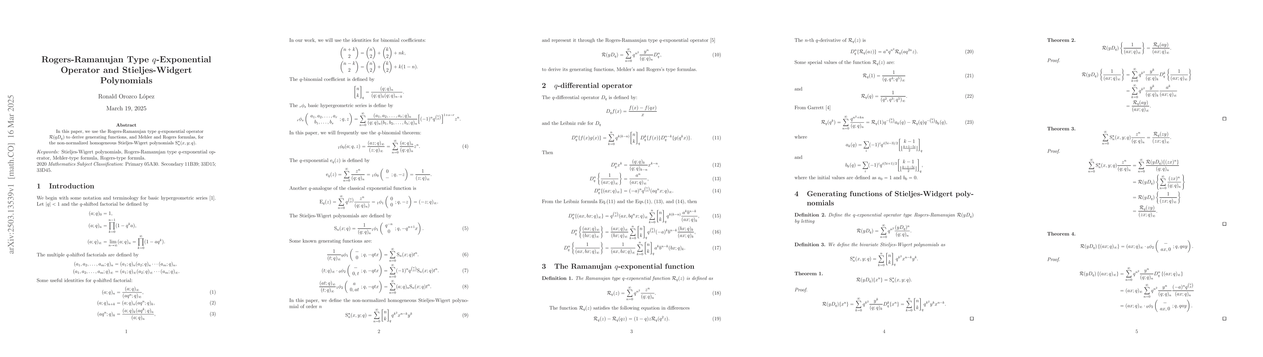 Thumbnail for Rogers-Ramanujan Type $q$-Exponential Operator and Stieljes-Widgert
  Polynomials