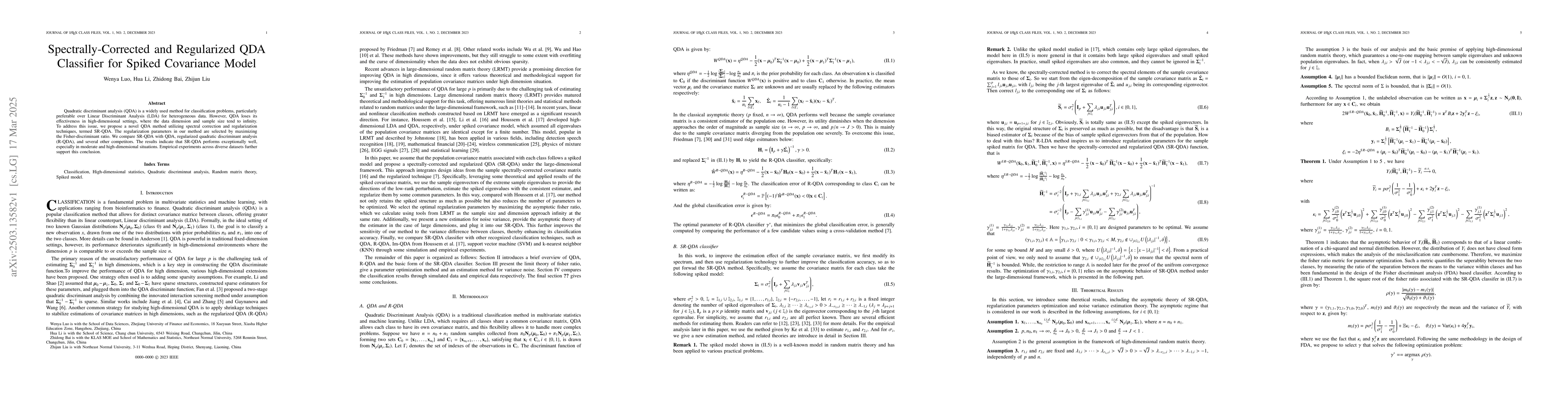 Thumbnail for Spectrally-Corrected and Regularized QDA Classifier for Spiked
  Covariance Model