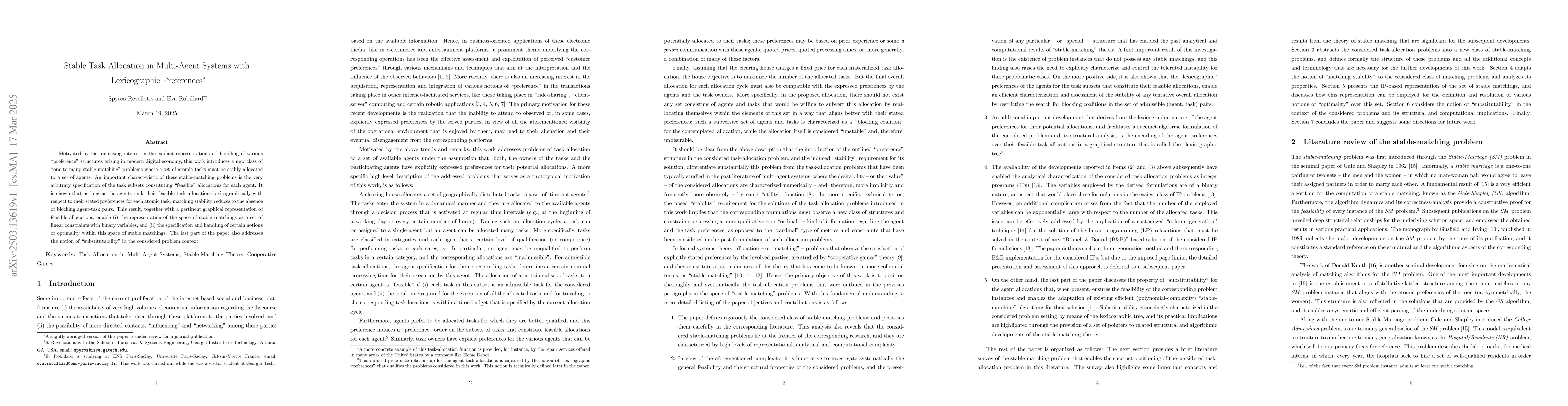 Thumbnail for Stable Task Allocation in Multi-Agent Systems with Lexicographic
  Preferences