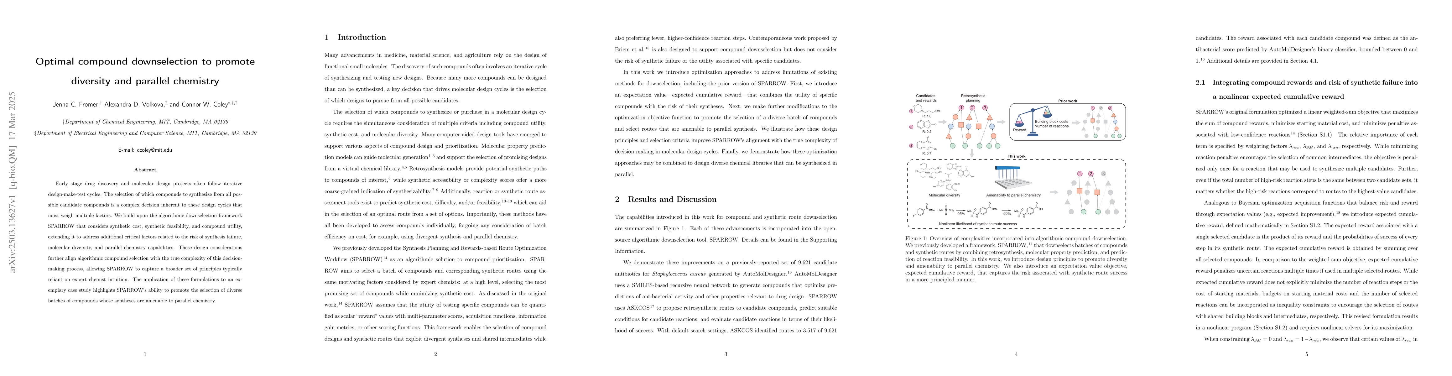Thumbnail for Optimal compound downselection to promote diversity and parallel
  chemistry