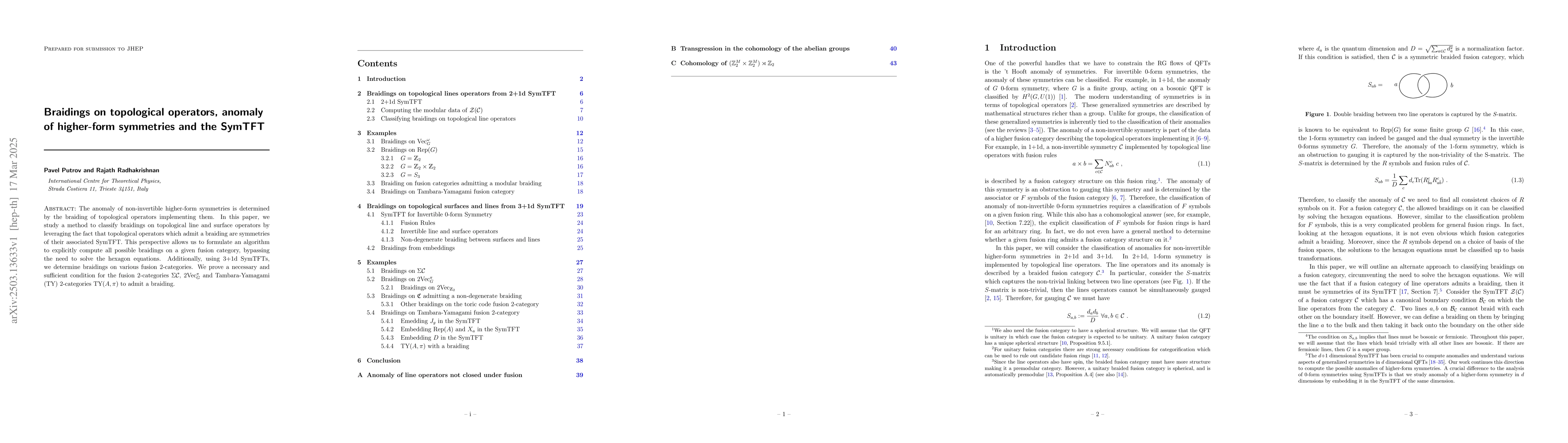 Thumbnail for Braidings on topological operators, anomaly of higher-form symmetries
  and the SymTFT