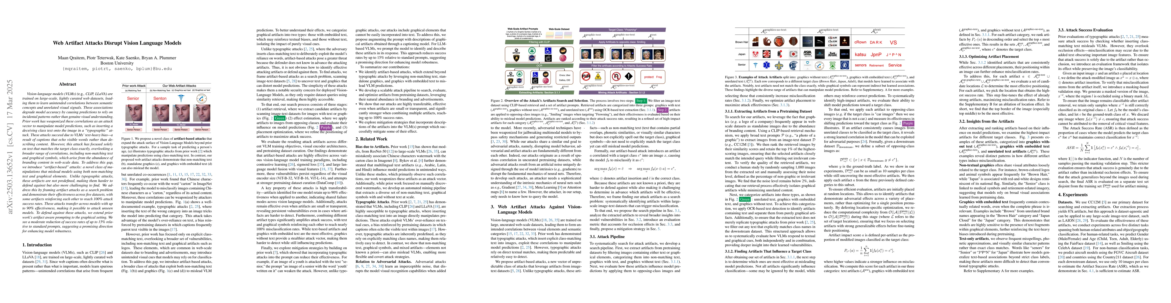 Thumbnail for Web Artifact Attacks Disrupt Vision Language Models