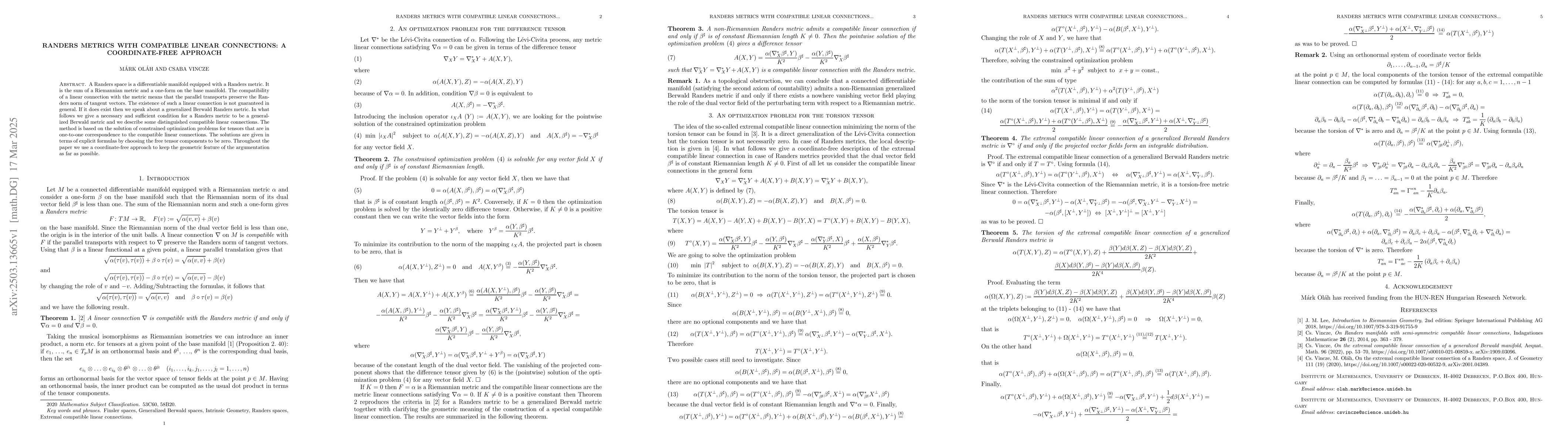 Thumbnail for Randers metrics with compatible linear connections: a coordinate-free
  approach