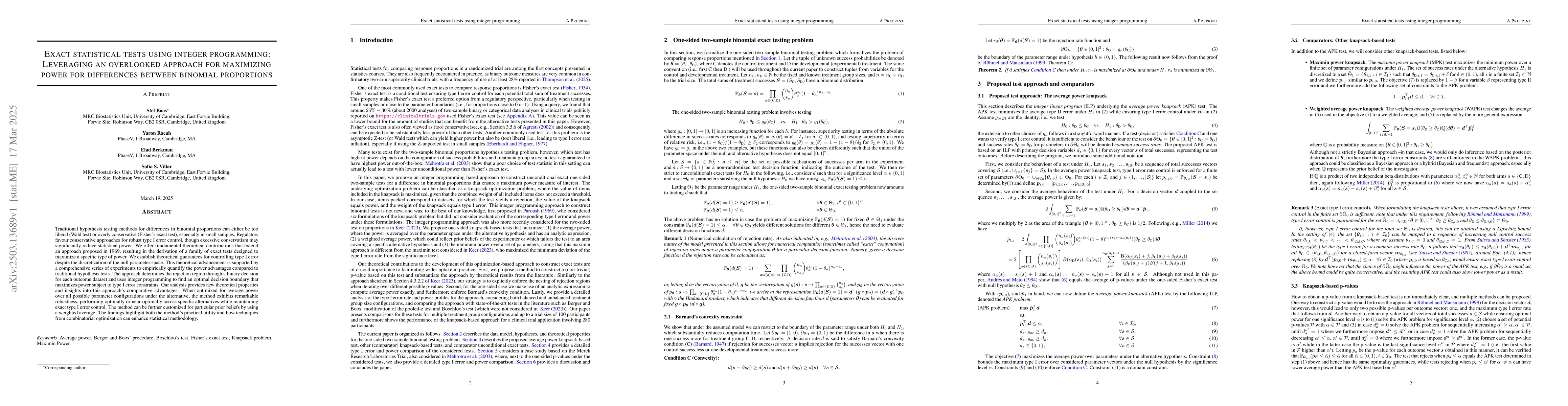 Thumbnail for Exact statistical tests using integer programming: Leveraging an
  overlooked approach for maximizing power for differences between binomial
  proportions
