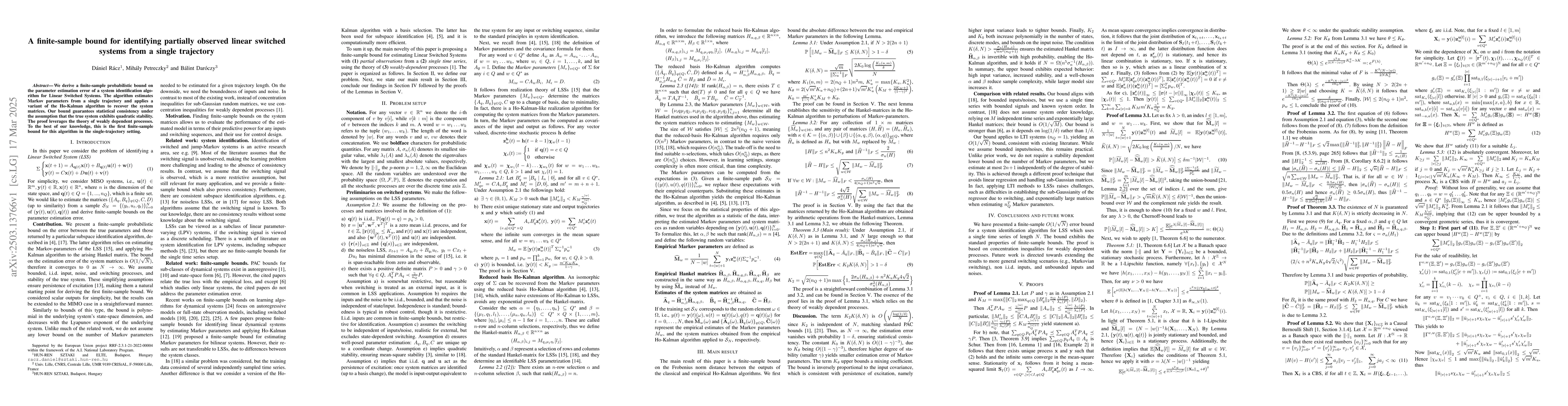 Thumbnail for A finite-sample bound for identifying partially observed linear switched
  systems from a single trajectory