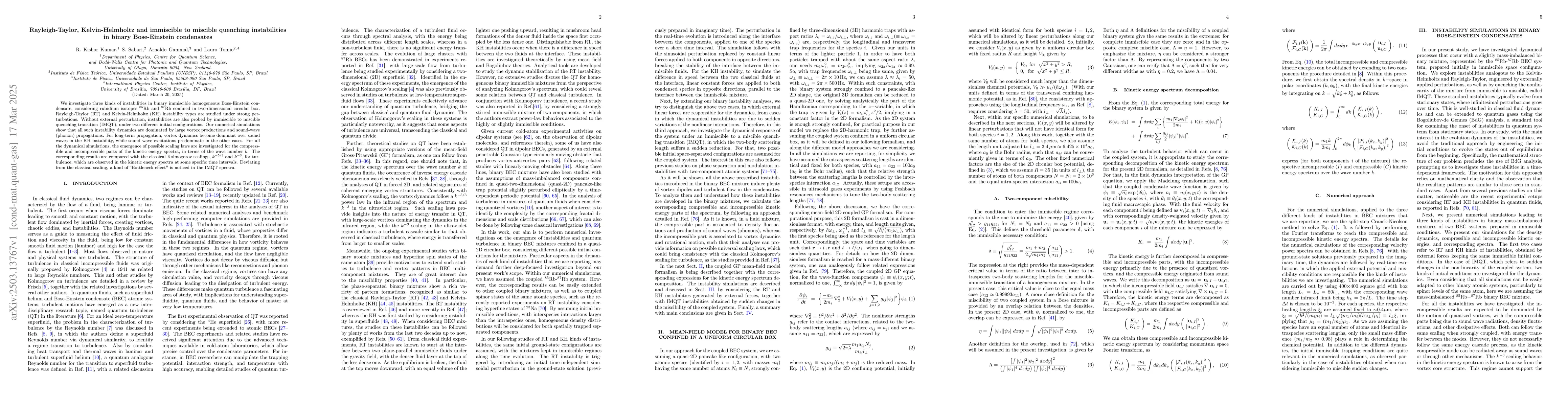 Thumbnail for Rayleigh-Taylor, Kelvin-Helmholtz and immiscible to miscible quenching
  instabilities in binary Bose-Einstein condensates