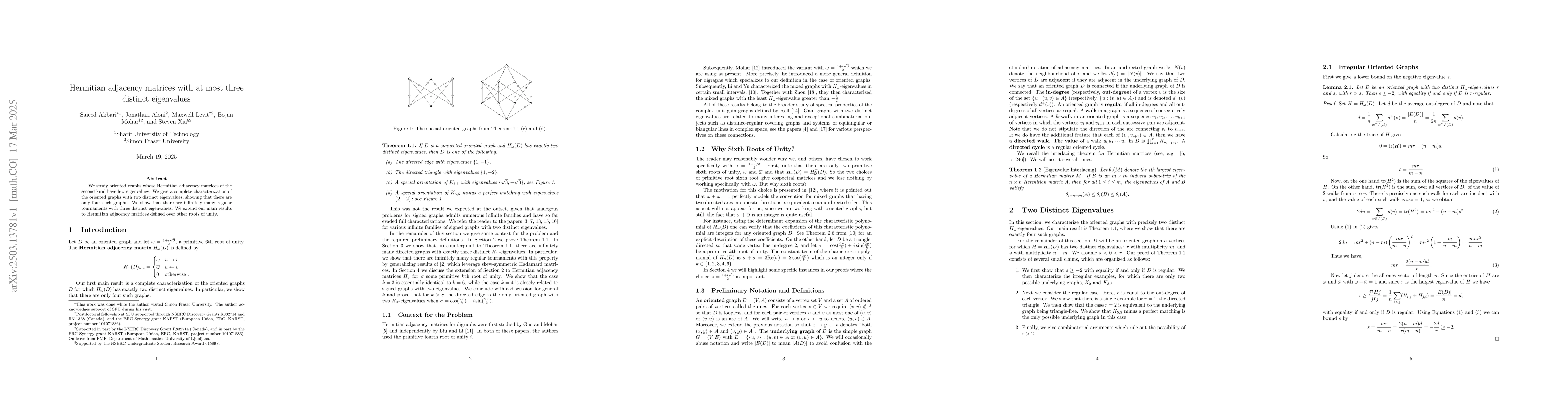 Thumbnail for Hermitian adjacency matrices with at most three distinct eigenvalues