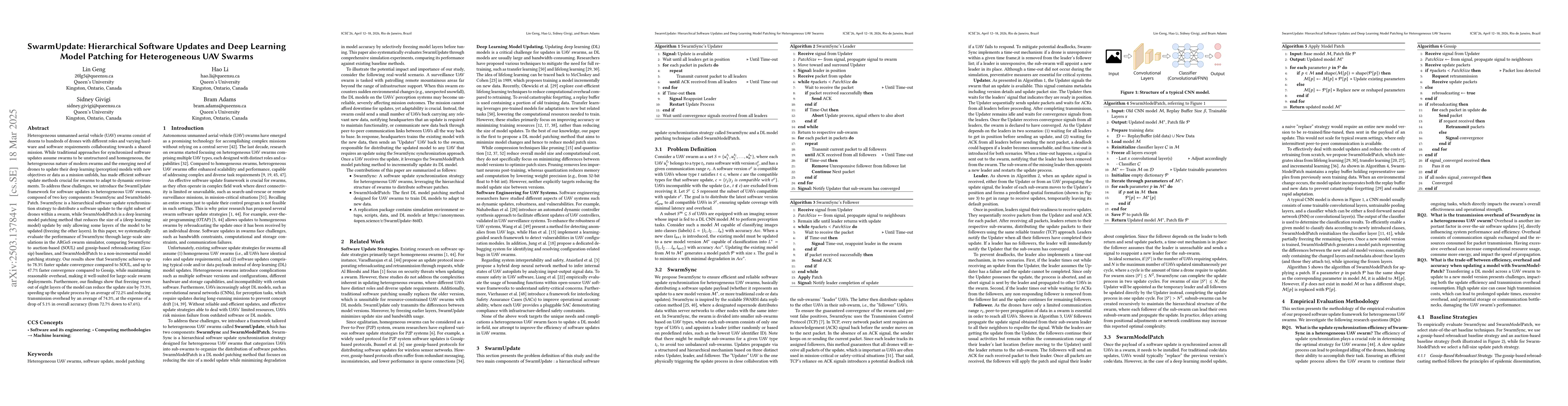 Thumbnail for SwarmUpdate: Hierarchical Software Updates and Deep Learning Model
  Patching for Heterogeneous UAV Swarms