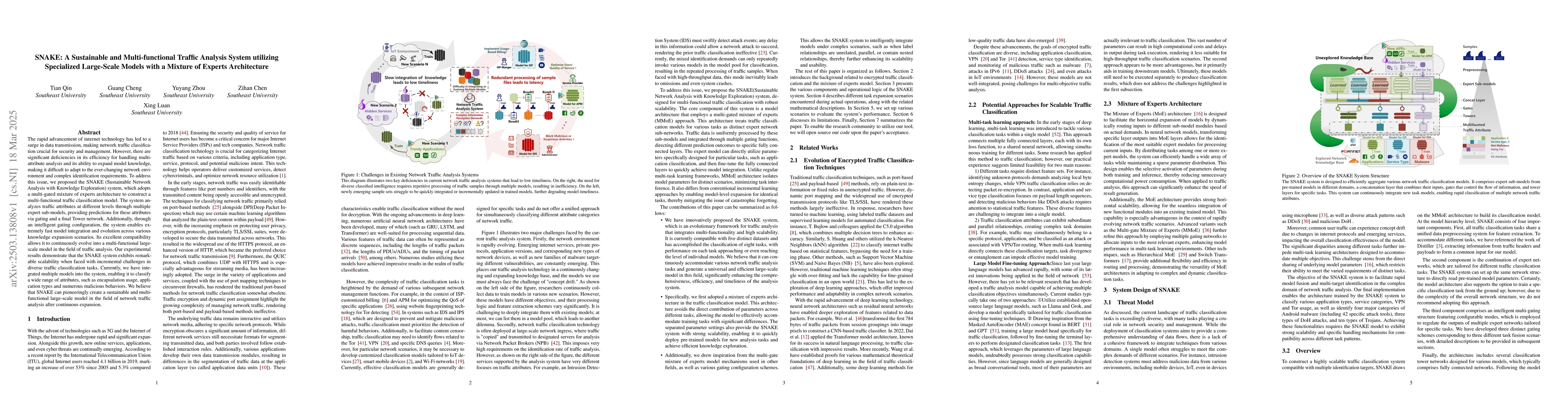 Thumbnail for SNAKE: A Sustainable and Multi-functional Traffic Analysis System
  utilizing Specialized Large-Scale Models with a Mixture of Experts
  Architecture