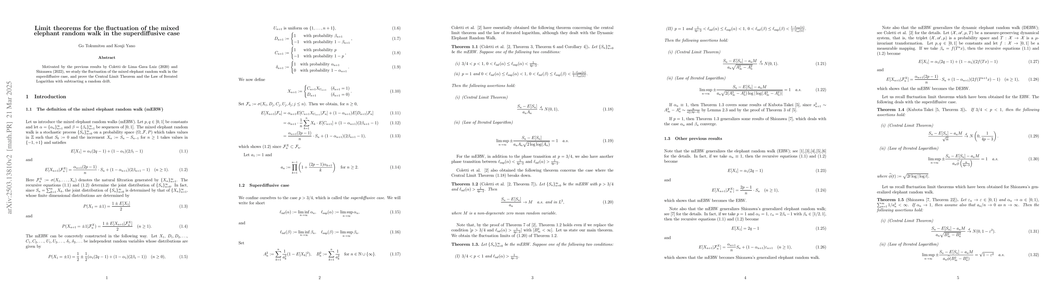 Thumbnail for Limit theorems for the fluctuation of the mixed elephant random walk in
  the superdiffusive case