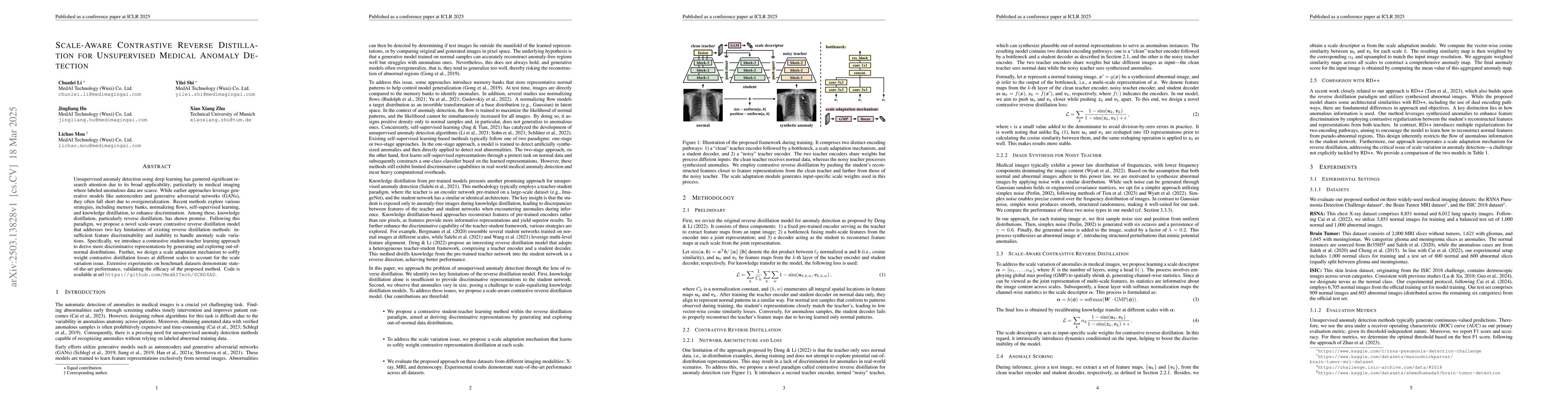Thumbnail for Scale-Aware Contrastive Reverse Distillation for Unsupervised Medical
  Anomaly Detection