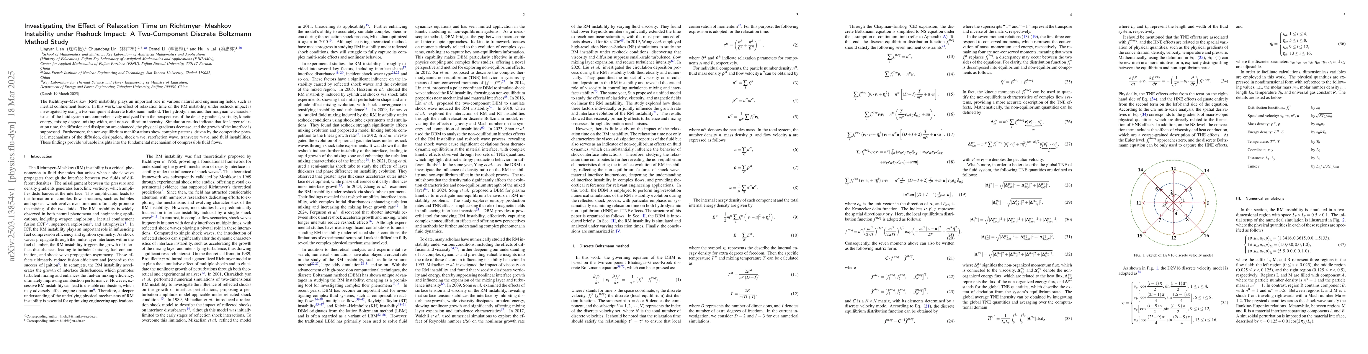 Thumbnail for Investigating the Effect of Relaxation Time on Richtmyer-Meshkov
  Instability under Reshock Impact: A Two-Component Discrete Boltzmann Method
  Study