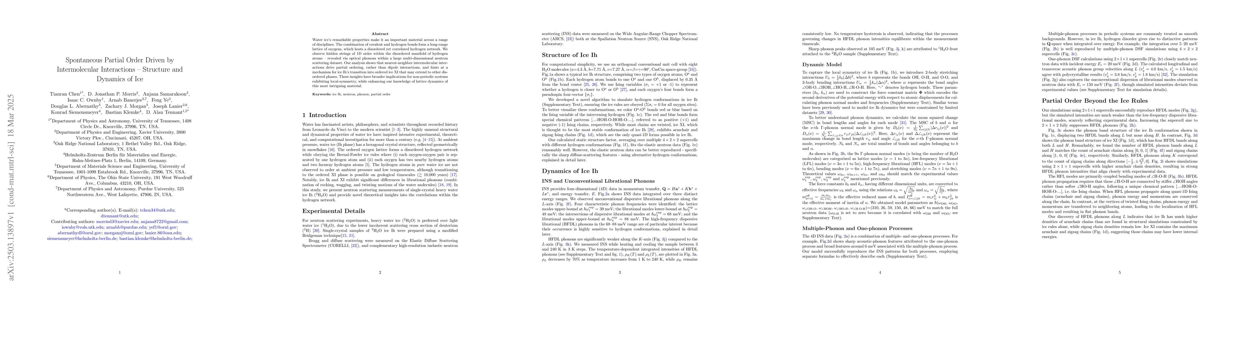 Thumbnail for Spontaneous Partial Order Driven by Intermolecular Interactions --
  Structure and Dynamics of Ice