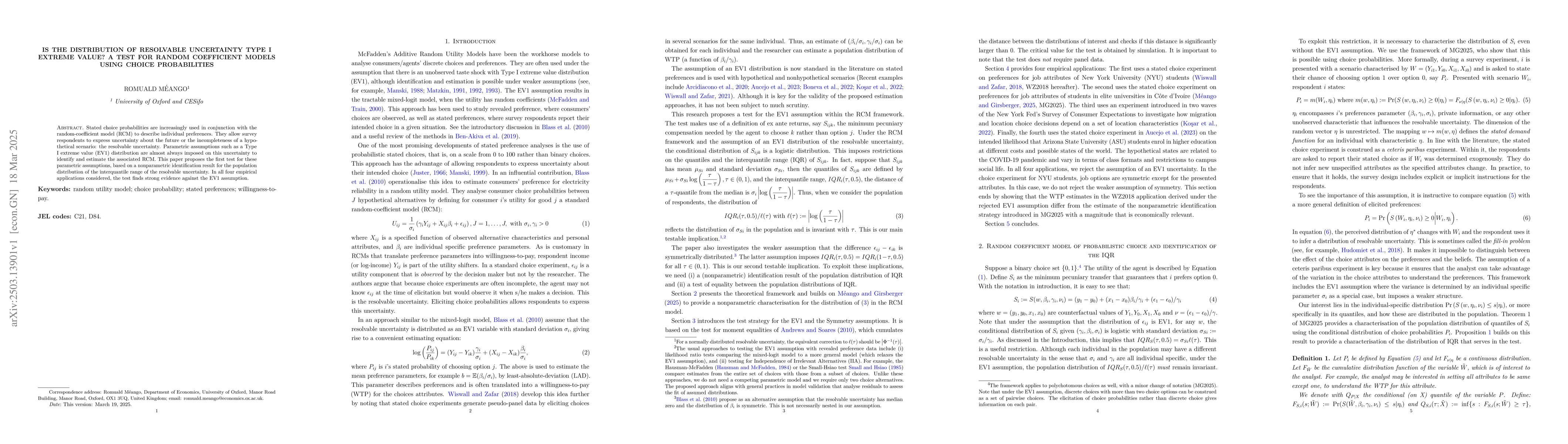 Thumbnail for Is the distribution of resolvable uncertainty Type I extreme value? A
  Test for Random Coefficient Models using Choice Probabilities
