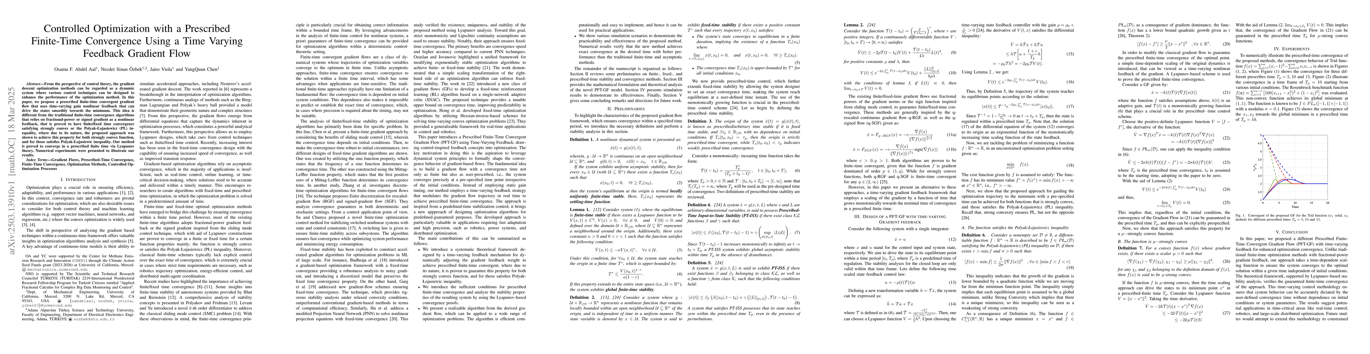 Thumbnail for Controlled Optimization with a Prescribed Finite-Time Convergence Using
  a Time Varying Feedback Gradient Flow