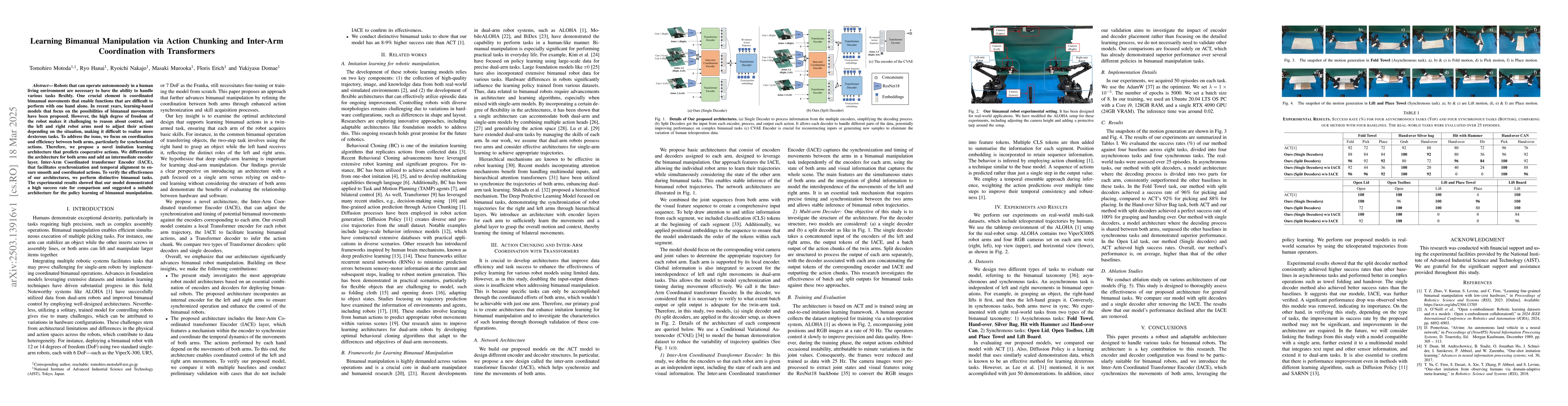 Thumbnail for Learning Bimanual Manipulation via Action Chunking and Inter-Arm
  Coordination with Transformers