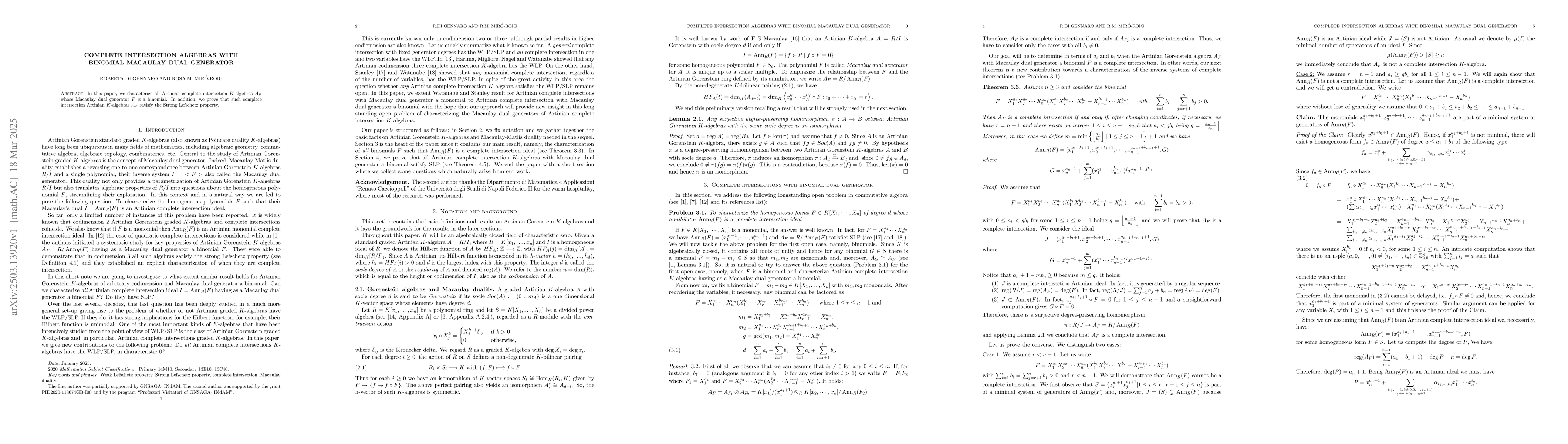 Thumbnail for Complete intersection algebras with binomial Macaulay dual generator
