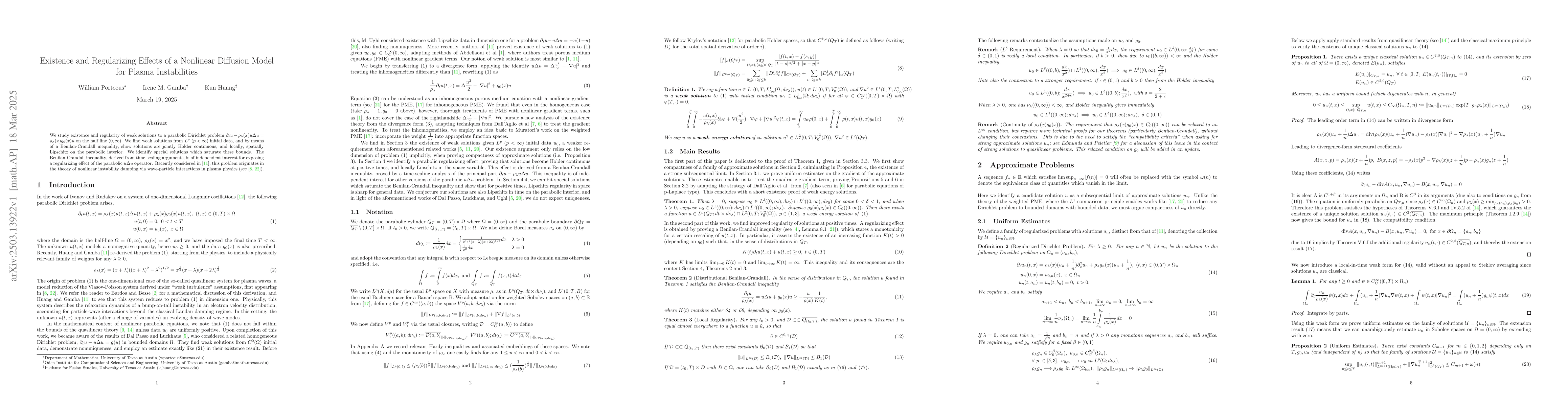 Thumbnail for Existence and Regularizing Effects of a Nonlinear Diffusion Model for
  Plasma Instabilities