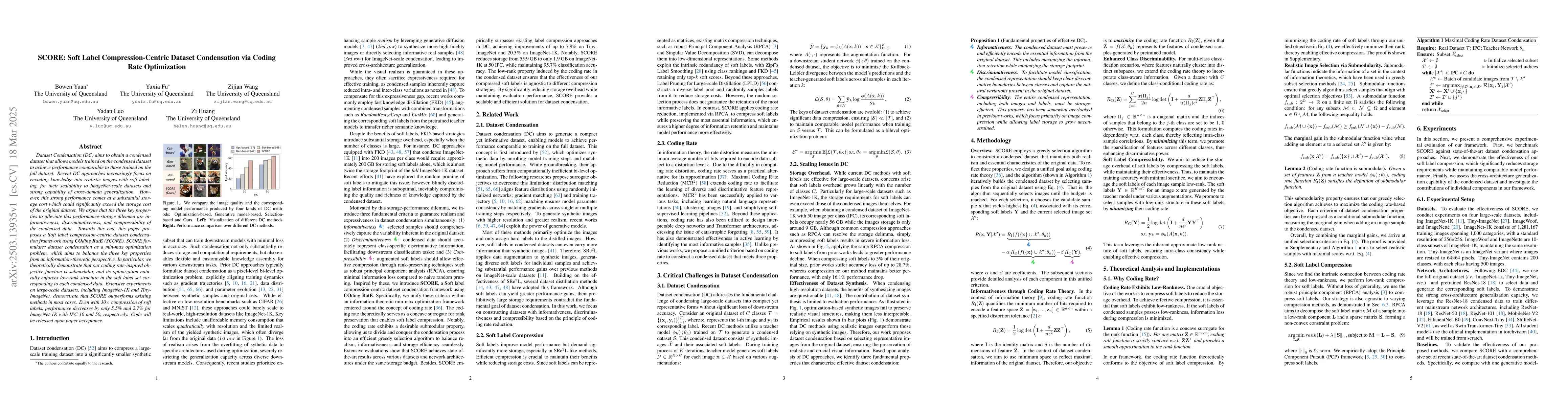 Thumbnail for SCORE: Soft Label Compression-Centric Dataset Condensation via Coding
  Rate Optimization