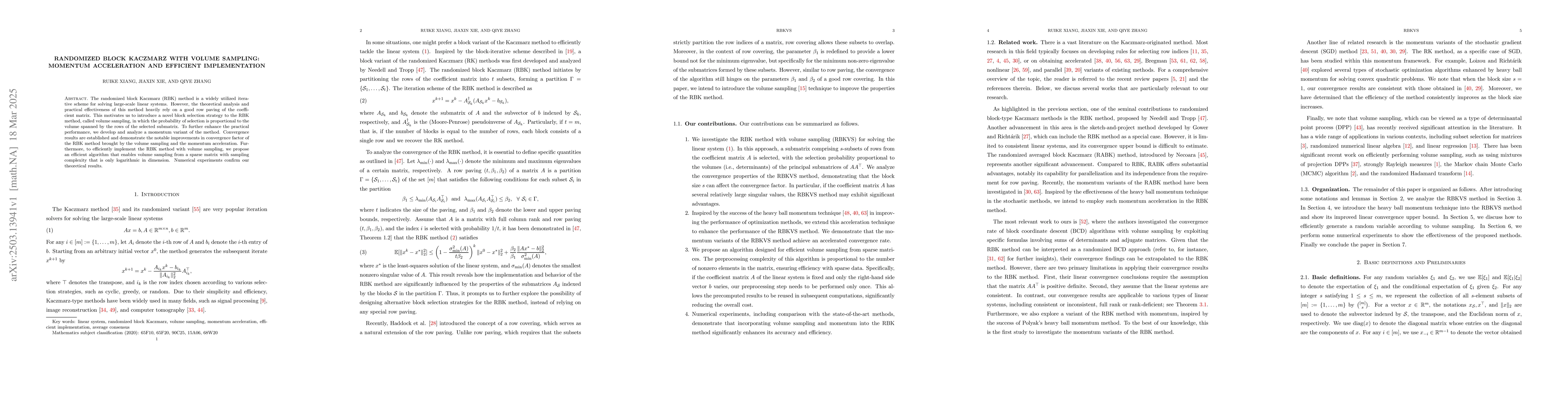 Thumbnail for Randomized block Kaczmarz with volume sampling: Momentum acceleration
  and efficient implementation