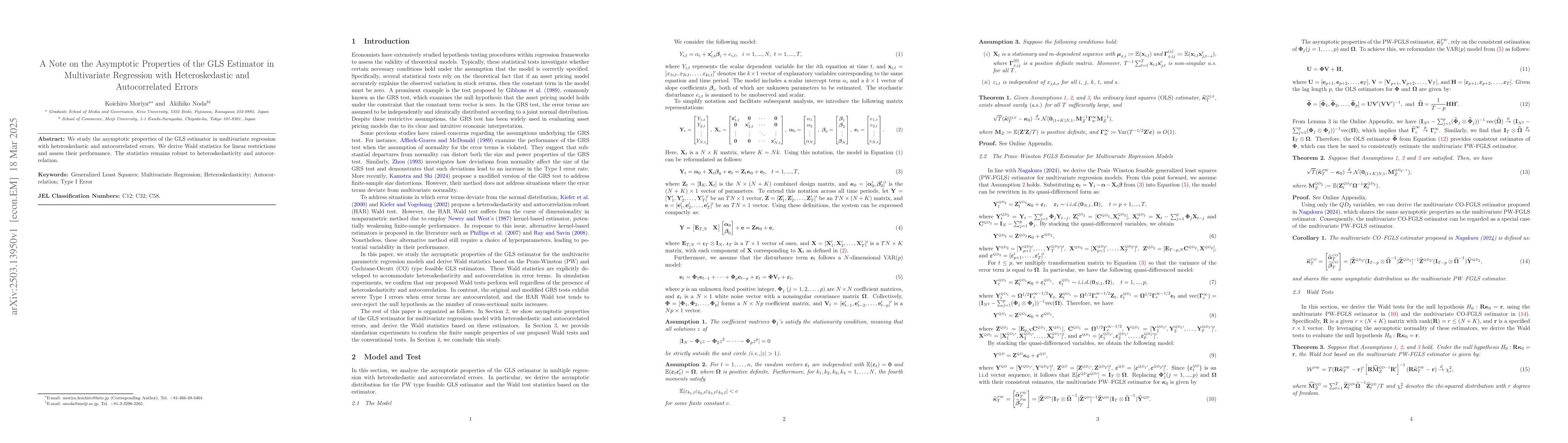 Thumbnail for A Note on the Asymptotic Properties of the GLS Estimator in Multivariate
  Regression with Heteroskedastic and Autocorrelated Errors