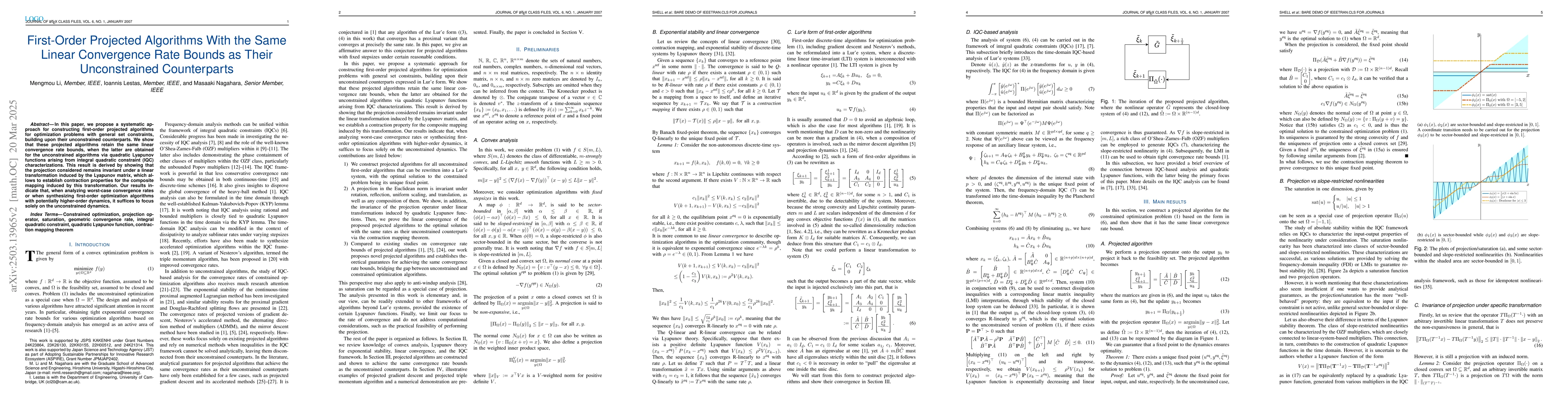 Thumbnail for First-Order Projected Algorithms With the Same Linear Convergence Rate
  Bounds as Their Unconstrained Counterparts