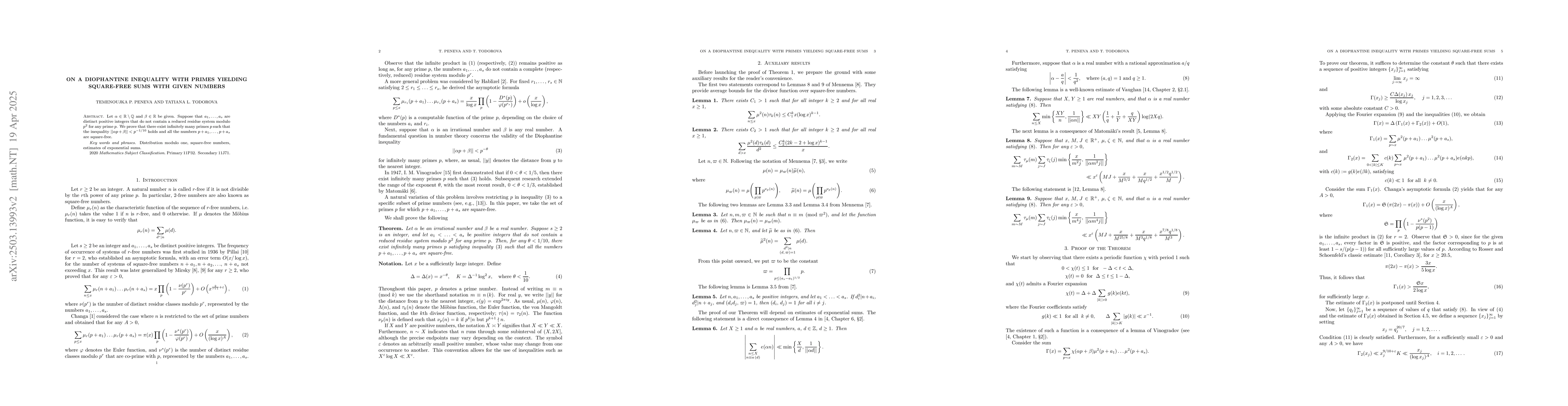 Thumbnail for On a Diophantine Inequality with Primes Yielding Square-Free Sums with
  Given Numbers