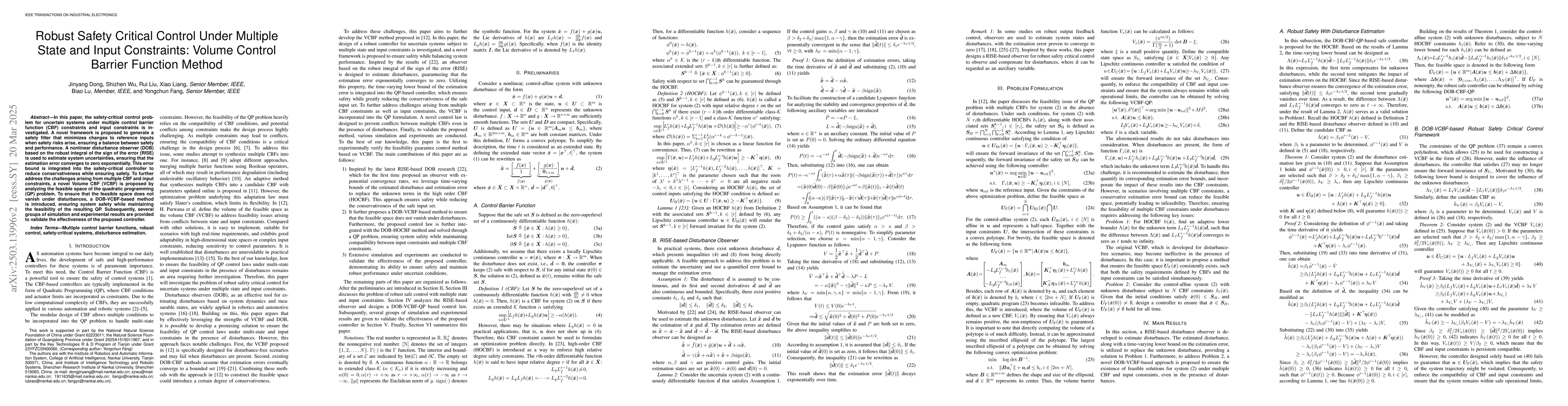Thumbnail for Robust Safety Critical Control Under Multiple State and Input
  Constraints: Volume Control Barrier Function Method
