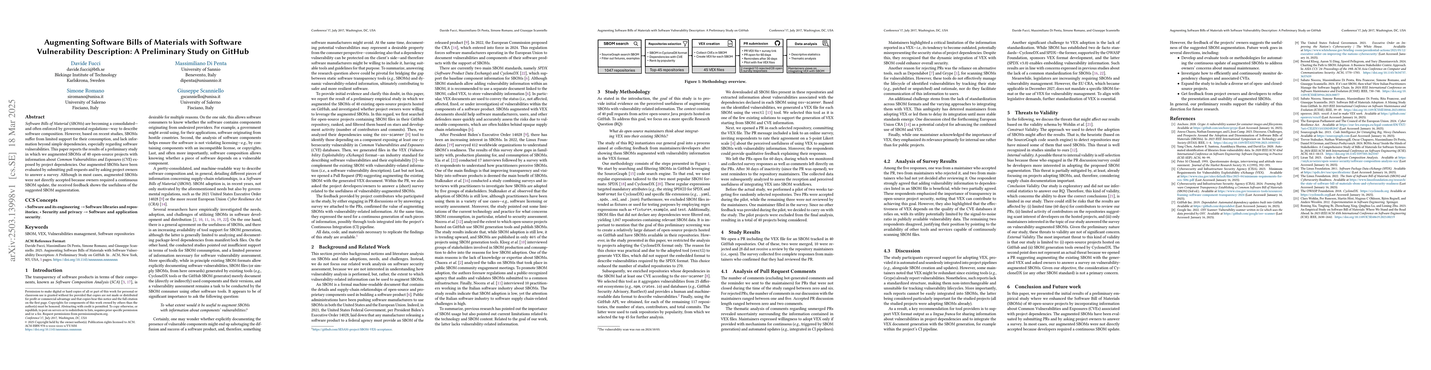 Thumbnail for Augmenting Software Bills of Materials with Software Vulnerability
  Description: A Preliminary Study on GitHub