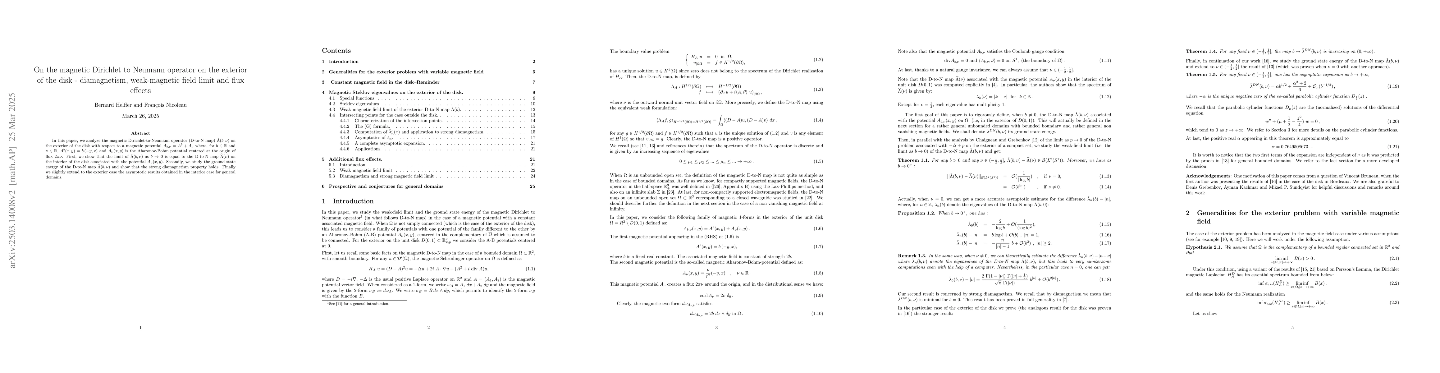 Thumbnail for On the magnetic Dirichlet to Neumann operator on the exterior of the
  disk -- diamagnetism, weak-magnetic field limit and flux effects